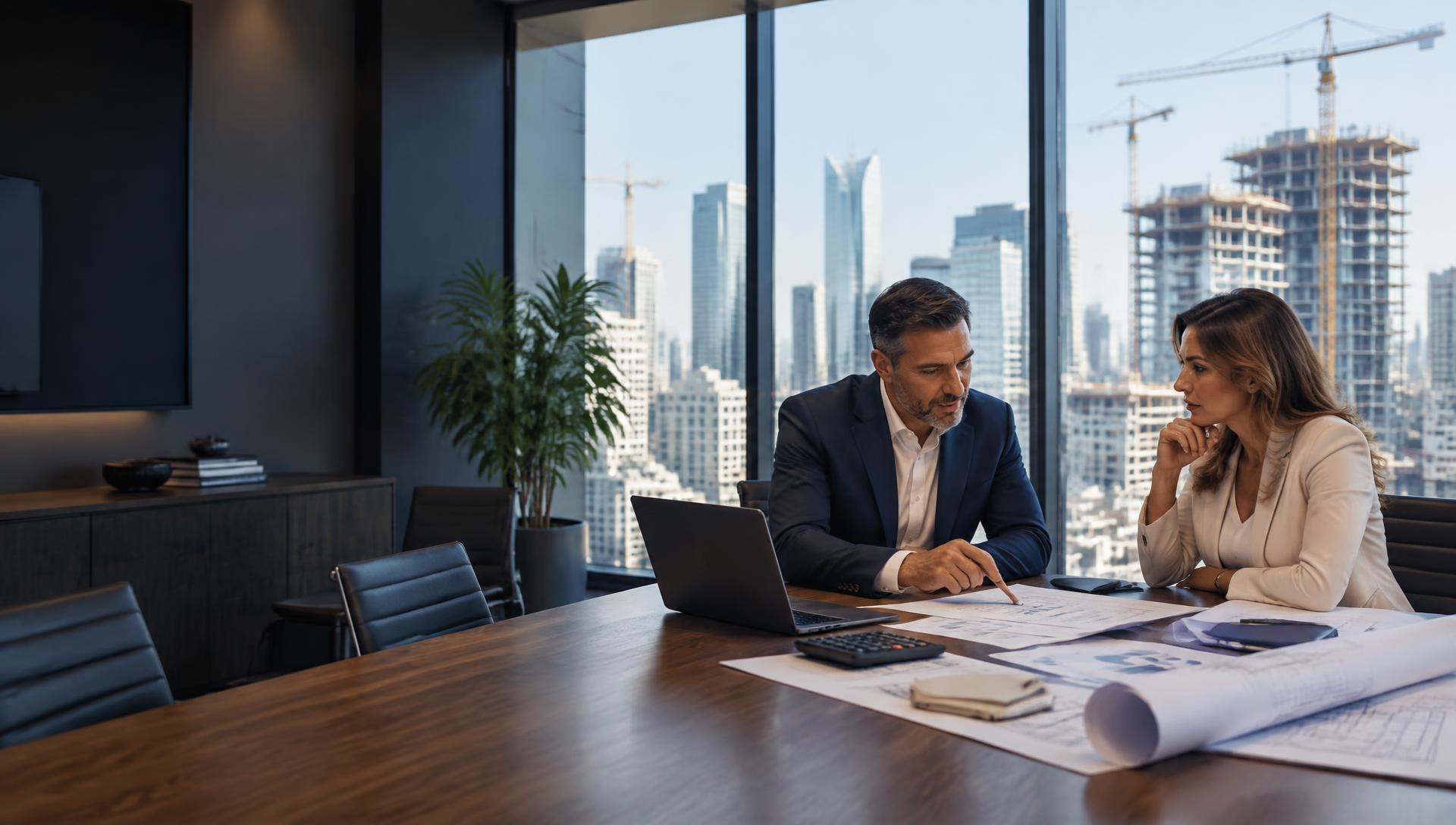 Financial advisor reviewing business reports and project plans with a construction business owner